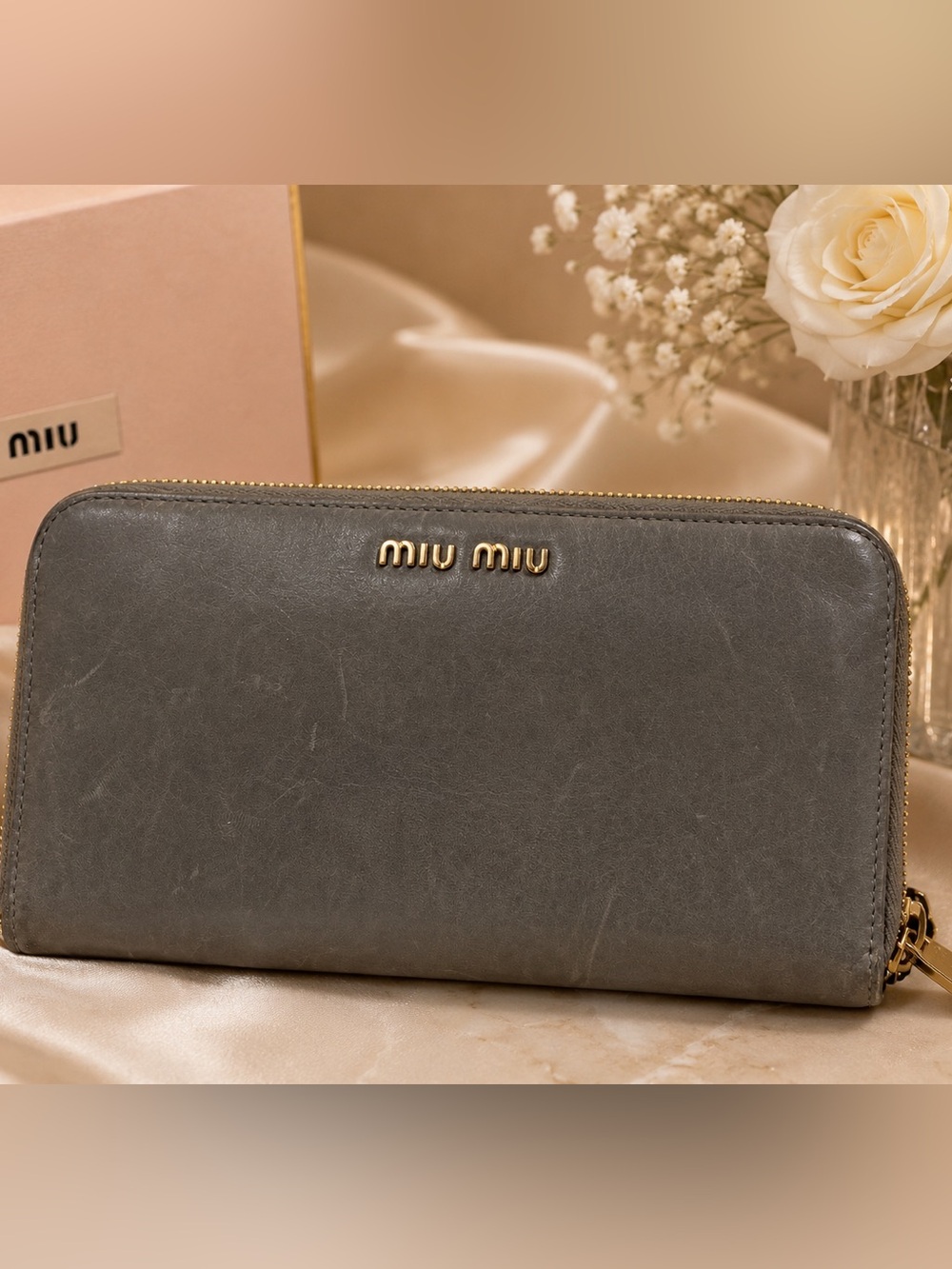 Miu Miu Charcoal Gray Zip-Around Leather Wallet with Gold Logo